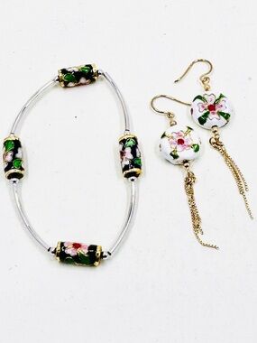 Floral Cloisonné Beaded Bracelet & Sterling Silver Pierced Earrings Set NWOT